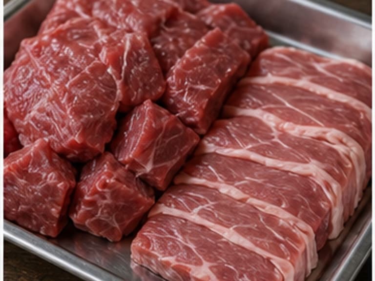 牛肉AI 拟真教学图：真实食材照片：必须是 牛肉 / beef 本身，最好体现按净重称量，烹饪前单独备好。；不能用成品菜、插画或普通替代品。