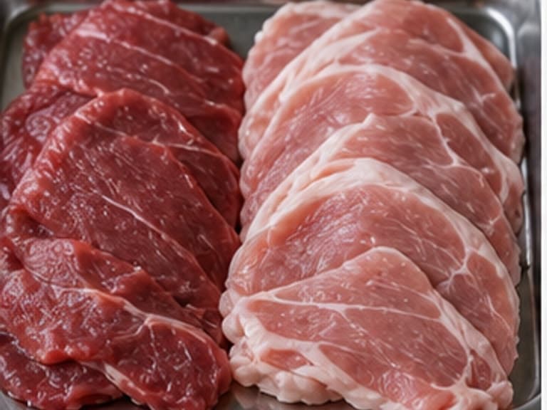 牛肉或猪肉AI 拟真教学图：真实食材照片：必须是 牛肉或猪肉 / beef or pork 本身，最好体现按净重称量，烹饪前单独备好。；不能用成品菜、插画或普通替代品。