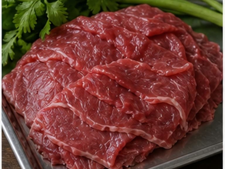 牛肉片AI 拟真教学图：真实食材照片：必须是 牛肉片 / beef slices 本身，最好体现按净重称量，烹饪前单独备好。；不能用成品菜、插画或普通替代品。