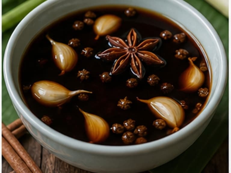 卤汁AI 拟真教学图：真实食材照片：必须是 卤汁 / braising liquid 本身，最好体现按净重称量，烹饪前单独备好。；不能用成品菜、插画或普通替代品。