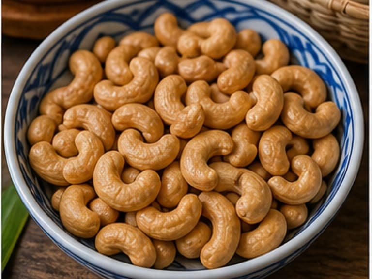 腰果AI 拟真教学图：真实食材照片：必须是 腰果 / cashews 本身，最好体现按净重称量，烹饪前单独备好。；不能用成品菜、插画或普通替代品。