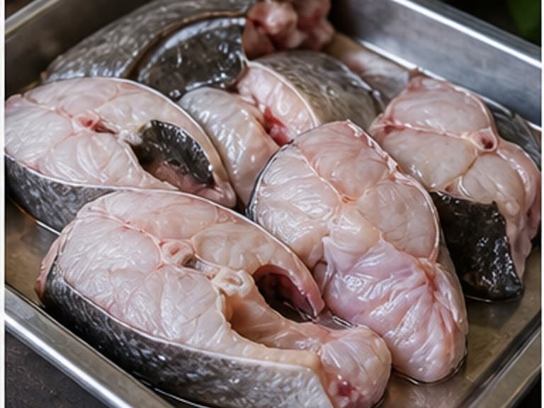 鲶鱼AI 拟真教学图：真实食材照片：必须是 鲶鱼 / catfish 本身，最好体现按净重称量，烹饪前单独备好。；不能用成品菜、插画或普通替代品。