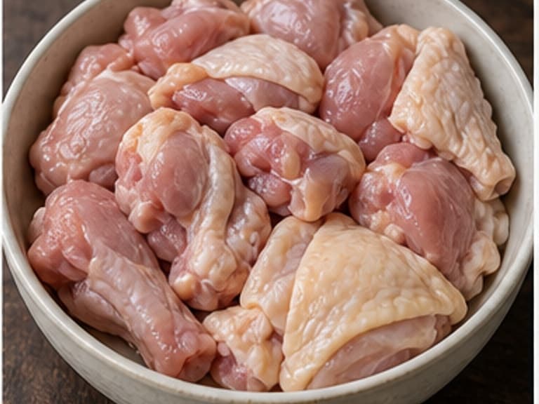 鸡肉AI 拟真教学图：真实食材照片：必须是 鸡肉 / chicken 本身，最好体现按净重称量，烹饪前单独备好。；不能用成品菜、插画或普通替代品。
