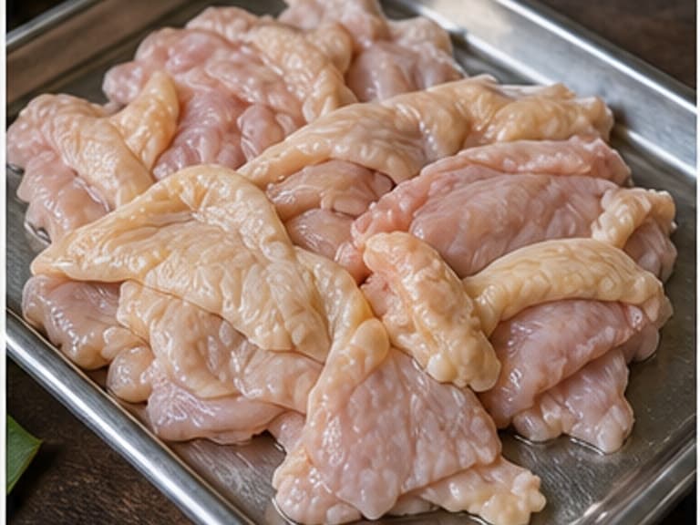 鸡油或鸡皮AI 拟真教学图：真实食材照片：必须是 鸡油或鸡皮 / chicken fat or skin 本身，最好体现按净重称量，烹饪前单独备好。；不能用成品菜、插画或普通替代品。