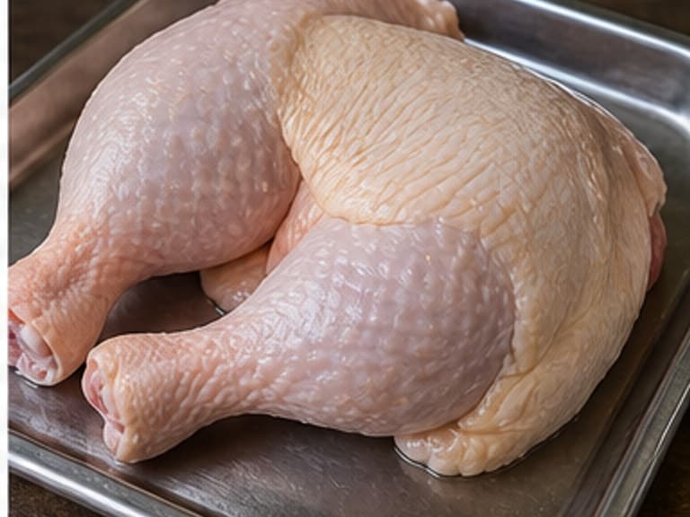 鸡腿或半鸡AI 拟真教学图：真实食材照片：必须是 鸡腿或半鸡 / chicken leg or half chicken 本身，最好体现按净重称量，烹饪前单独备好。；不能用成品菜、插画或普通替代品。