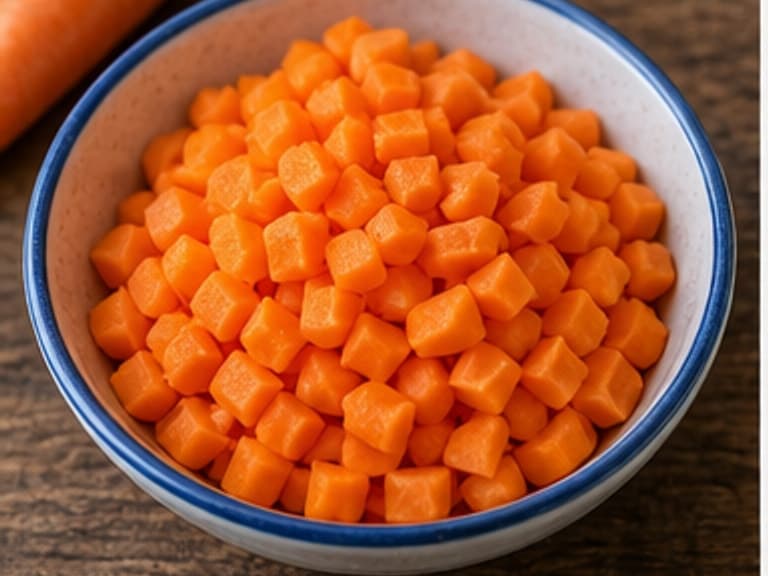 胡萝卜丁AI 拟真教学图：真实食材照片：必须是 胡萝卜丁 / diced carrot 本身，最好体现按净重称量，烹饪前单独备好。；不能用成品菜、插画或普通替代品。