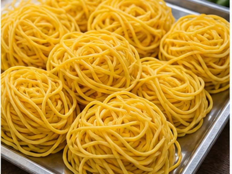 蛋面AI 拟真教学图：真实食材照片：必须是 蛋面 / egg noodles 本身，最好体现按净重称量，烹饪前单独备好。；不能用成品菜、插画或普通替代品。