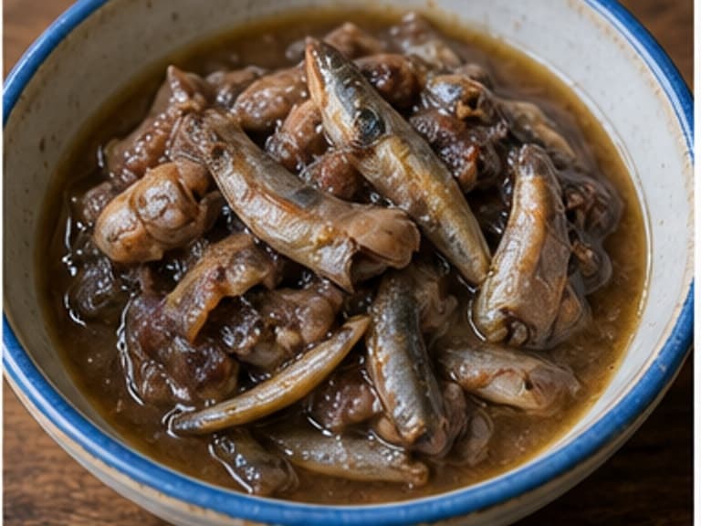 发酵鱼AI 拟真教学图：真实食材照片：必须是 发酵鱼 / fermented fish 本身，最好体现按净重称量，烹饪前单独备好。；不能用成品菜、插画或普通替代品。