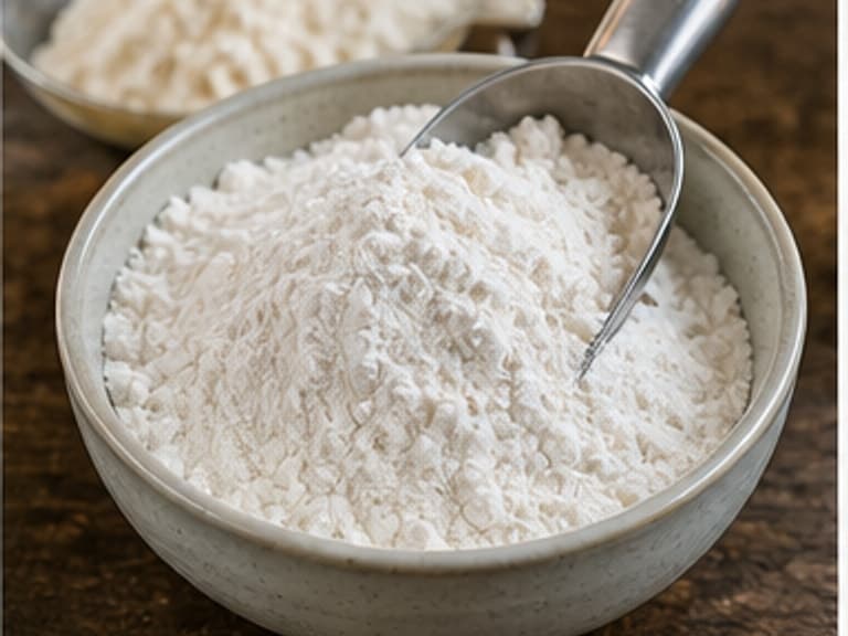 面粉AI 拟真教学图：真实食材照片：必须是 面粉 / flour 本身，最好体现按净重称量，烹饪前单独备好。；不能用成品菜、插画或普通替代品。