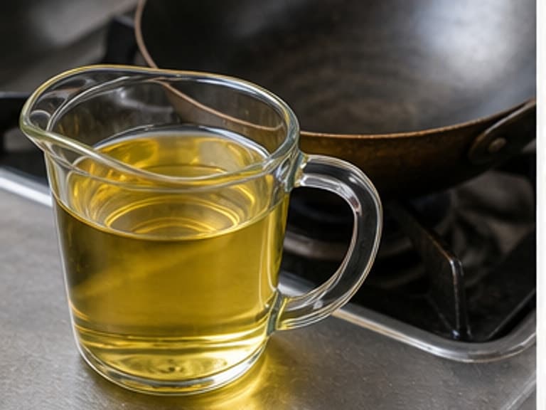 油AI 拟真教学图：真实食材照片：必须是 油 / frying oil 本身，最好体现按净重称量，烹饪前单独备好。；不能用成品菜、插画或普通替代品。