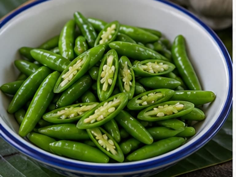 青椒AI 拟真教学图：真实食材照片：必须是 青椒 / green chilies 本身，最好体现按净重称量，烹饪前单独备好。；不能用成品菜、插画或普通替代品。