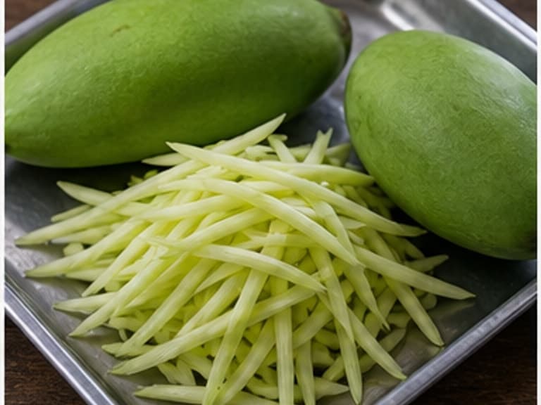 青芒果AI 拟真教学图：真实食材照片：必须是 青芒果 / green mango 本身，最好体现按净重称量，烹饪前单独备好。；不能用成品菜、插画或普通替代品。