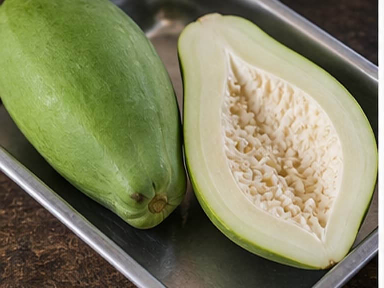 青木瓜AI 拟真教学图：真实食材照片：必须是 青木瓜 / green papaya 本身，最好体现按净重称量，烹饪前单独备好。；不能用成品菜、插画或普通替代品。