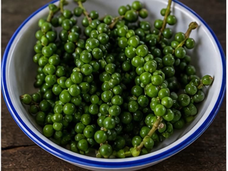 青胡椒AI 拟真教学图：真实食材照片：必须是 青胡椒 / green peppercorns 本身，最好体现按净重称量，烹饪前单独备好。；不能用成品菜、插画或普通替代品。