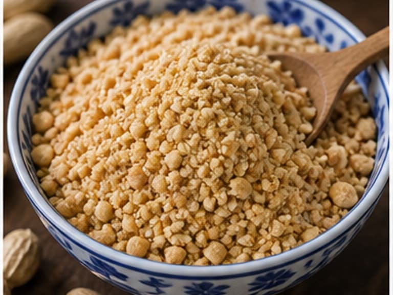 磨碎花生AI 拟真教学图：真实食材照片：必须是 磨碎花生 / ground peanuts 本身，最好体现按净重称量，烹饪前单独备好。；不能用成品菜、插画或普通替代品。