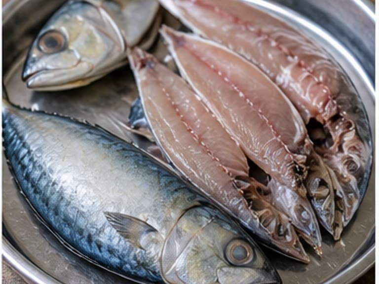 鲭鱼AI 拟真教学图：真实食材照片：必须是 鲭鱼 / mackerel 本身，最好体现按净重称量，烹饪前单独备好。；不能用成品菜、插画或普通替代品。