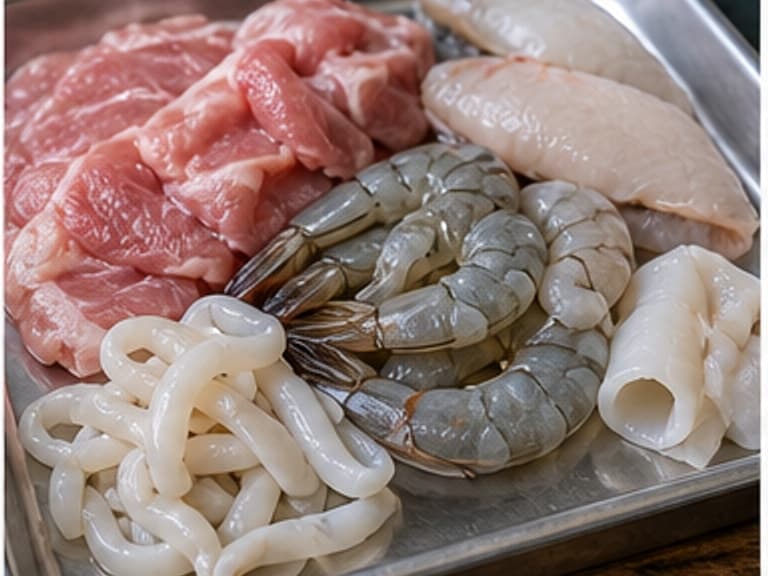肉类或海鲜AI 拟真教学图：真实食材照片：必须是 肉类或海鲜 / meat or seafood 本身，最好体现按净重称量，烹饪前单独备好。；不能用成品菜、插画或普通替代品。