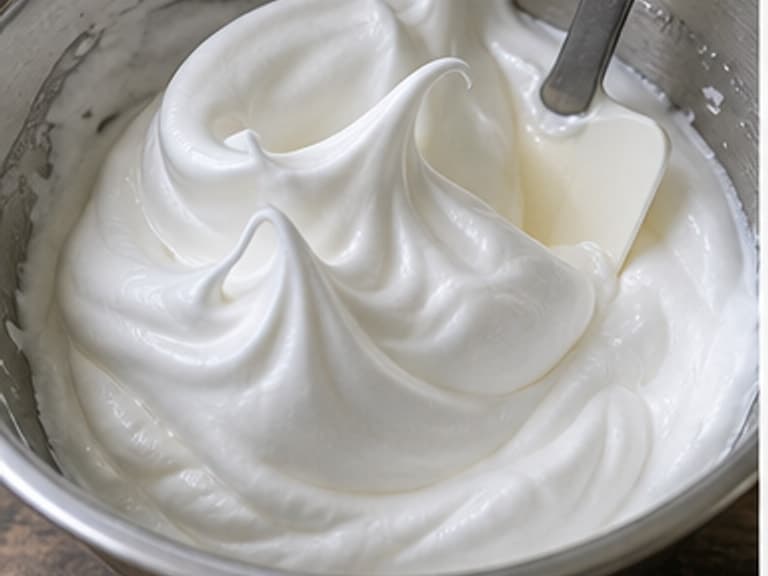蛋白霜AI 拟真教学图：真实食材照片：必须是 蛋白霜 / meringue 本身，最好体现按净重称量，烹饪前单独备好。；不能用成品菜、插画或普通替代品。
