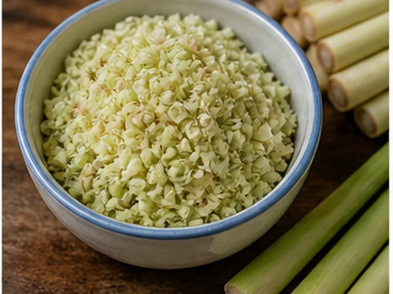 香茅末AI 拟真教学图：真实食材照片：必须是 香茅末 / minced lemongrass 本身，最好体现按净重称量，烹饪前单独备好。；不能用成品菜、插画或普通替代品。