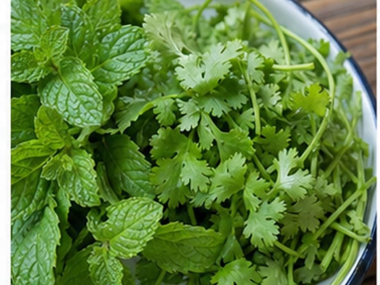 薄荷或香菜AI 拟真教学图：真实食材照片：必须是 薄荷或香菜 / mint or cilantro 本身，最好体现按净重称量，烹饪前单独备好。；不能用成品菜、插画或普通替代品。