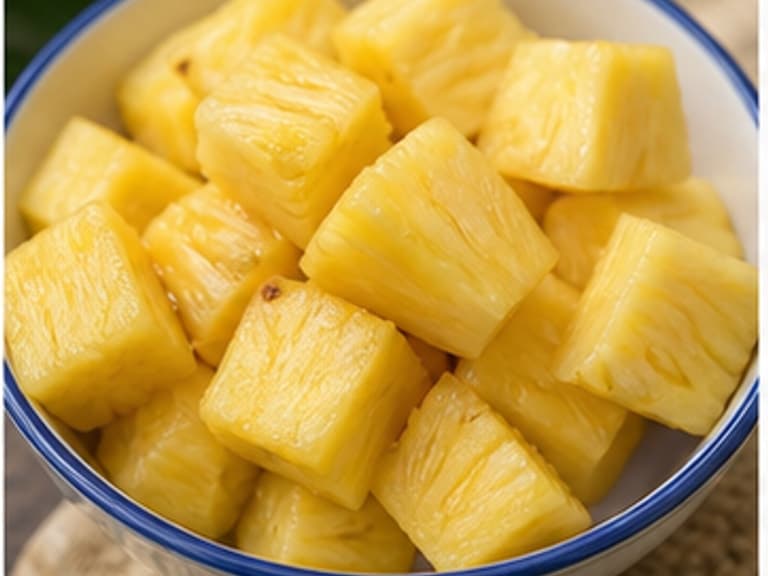 菠萝丁AI 拟真教学图：真实食材照片：必须是 菠萝丁 / pineapple cubes 本身，最好体现按净重称量，烹饪前单独备好。；不能用成品菜、插画或普通替代品。