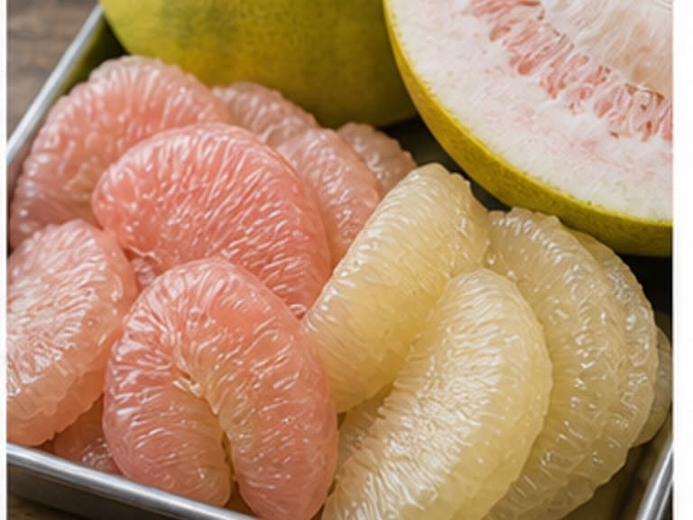 柚子AI 拟真教学图：真实食材照片：必须是 柚子 / pomelo 本身，最好体现按净重称量，烹饪前单独备好。；不能用成品菜、插画或普通替代品。