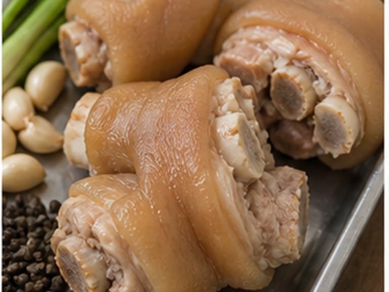 猪脚AI 拟真教学图：真实食材照片：必须是 猪脚 / pork leg 本身，最好体现按净重称量，烹饪前单独备好。；不能用成品菜、插画或普通替代品。