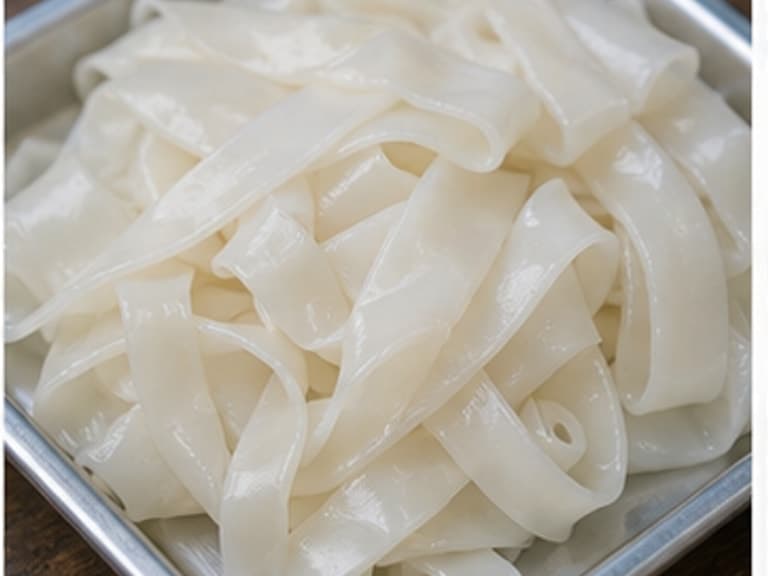 河粉AI 拟真教学图：真实食材照片：必须是 河粉 / rice noodles 本身，最好体现按净重称量，烹饪前单独备好。；不能用成品菜、插画或普通替代品。
