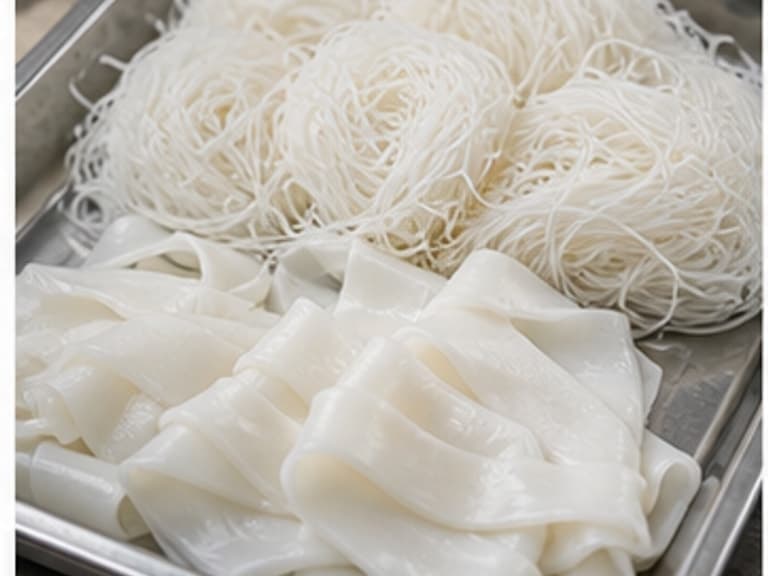 米粉/河粉AI 拟真教学图：真实食材百科照片：必须是 米粉/河粉 / Rice Noodles，不可用普通替代品或抽象插画。