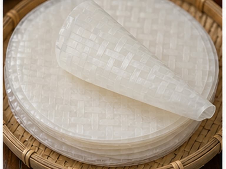 米皮AI 拟真教学图：真实食材照片：必须是 米皮 / rice paper 本身，最好体现按净重称量，烹饪前单独备好。；不能用成品菜、插画或普通替代品。