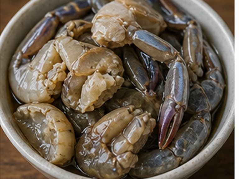 盐蟹AI 拟真教学图：真实食材照片：必须是 盐蟹 / salted crab 本身，最好体现按净重称量，烹饪前单独备好。；不能用成品菜、插画或普通替代品。