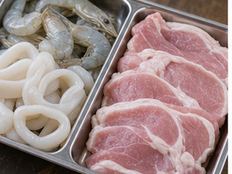 海鲜或猪肉AI 拟真教学图：真实食材照片：必须是 海鲜或猪肉 / seafood or pork 本身，最好体现按净重称量，烹饪前单独备好。；不能用成品菜、插画或普通替代品。