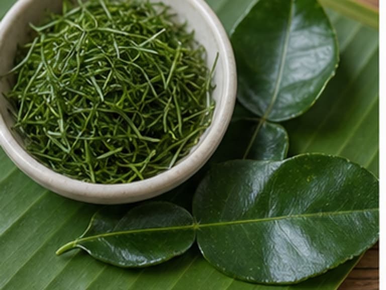 青柠叶丝AI 拟真教学图：真实食材照片：必须是 青柠叶丝 / shredded makrut lime leaves 本身，最好体现按净重称量，烹饪前单独备好。；不能用成品菜、插画或普通替代品。