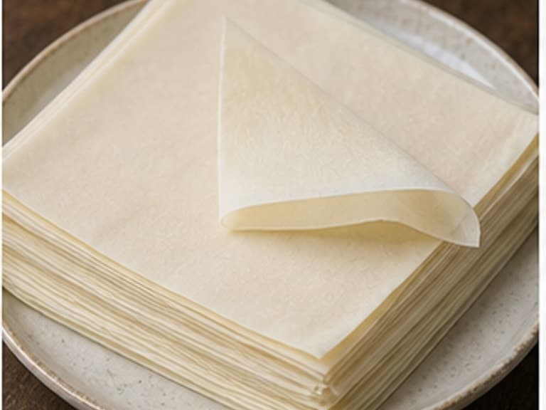 春卷皮AI 拟真教学图：真实食材照片：必须是 春卷皮 / spring roll wrappers 本身，最好体现按净重称量，烹饪前单独备好。；不能用成品菜、插画或普通替代品。