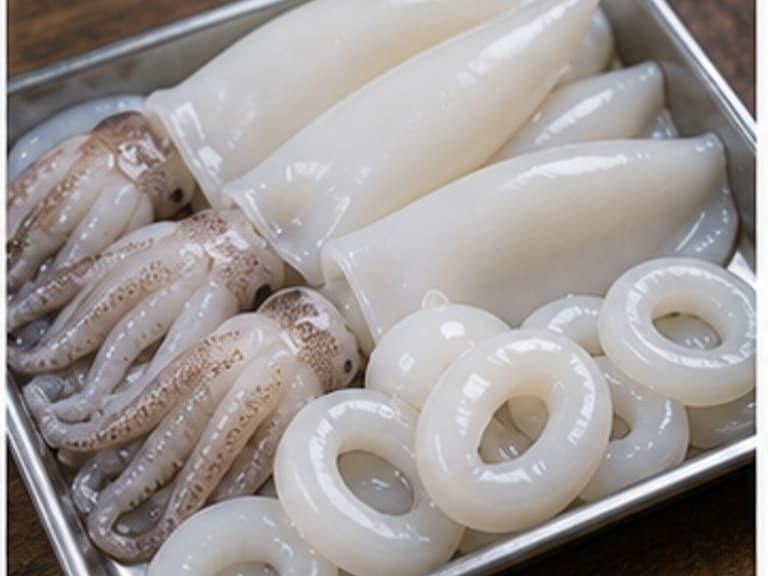 鱿鱼AI 拟真教学图：真实食材照片：必须是 鱿鱼 / squid 本身，最好体现按净重称量，烹饪前单独备好。；不能用成品菜、插画或普通替代品。
