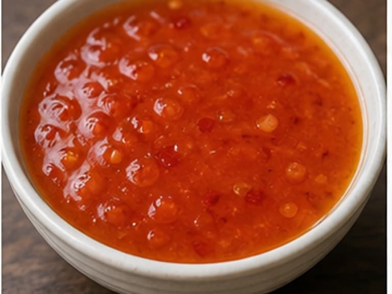 甜辣酱AI 拟真教学图：真实食材照片：必须是 甜辣酱 / sweet chili sauce 本身，最好体现按净重称量，烹饪前单独备好。；不能用成品菜、插画或普通替代品。