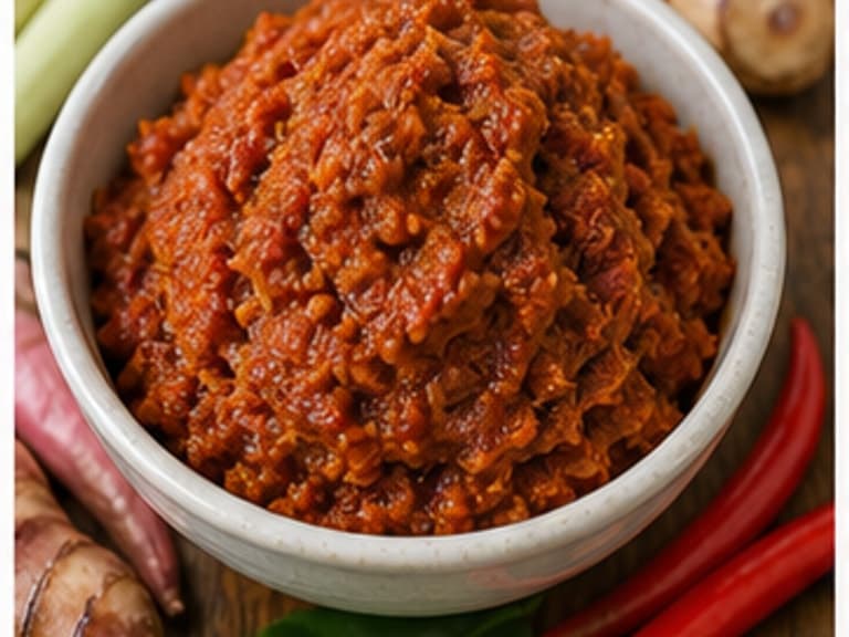 咖喱酱AI 拟真教学图:真实食材照片:必须是 咖喱酱 / Thai curry paste 本身,最好体现按净重称量,烹饪前单独备好。;不能用成品菜、插画或普通替代品。