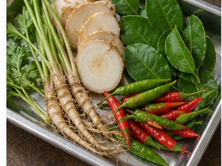 冬阴功香料AI 拟真教学图：真实食材照片：必须是 冬阴功香料 / tom yum herbs 本身，最好体现按净重称量，烹饪前单独备好。；不能用成品菜、插画或普通替代品。