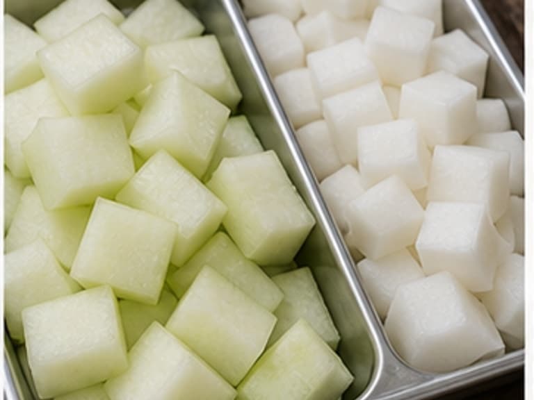 冬瓜或萝卜AI 拟真教学图：真实食材照片：必须是 冬瓜或萝卜 / winter melon or daikon 本身，最好体现按净重称量，烹饪前单独备好。；不能用成品菜、插画或普通替代品。