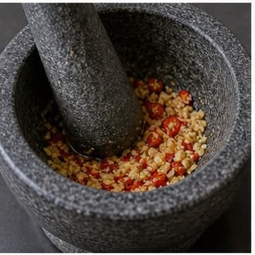 捣香料AI 拟真教学图：真实烹饪过程照片：必须表现“捣香料”。画面应对应动作：轻捣蒜、辣椒或香草，让香气释放但不成泥。；加入材料：蒜、辣椒；视觉标准：香料裂开。