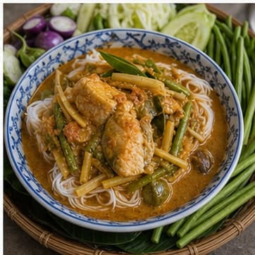 装盘AI 拟真教学图：真实烹饪过程照片：必须表现“装盘”。画面应对应动作：南部鱼肚咖喱米线装盘，记录下一次要微调的咸酸甜比例。；加入材料：无新增材料；视觉标准：成品符合 Khanom Jeen Kaeng Tai Pla 的颜色、香气和浓度。