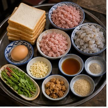 称量主料AI 拟真教学图：真实前期准备照片：必须表现“称量主料”，画面要能对应：按默认 2 人份称量 吐司、猪肉、虾、蒜、鱼露，所有调味料单独放小碗。