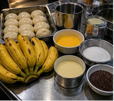 称量甜品材料AI 拟真教学图:真实前期准备照片:必须表现“称量甜品材料”,画面要能对应:按默认 2 人份称量 面饼、香蕉、炼奶、白糖、盐,糖浆、糖和少量盐分开装小碗。