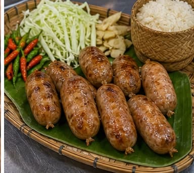 装盘AI 拟真教学图：真实烹饪过程照片：必须表现“装盘”。画面应对应动作：东北酸香肠装盘，记录下一次要微调的咸酸甜比例。；加入材料：无新增材料；视觉标准：成品符合 Sai Krok Isan 的颜色、香气和浓度。