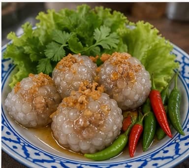 装盘AI 拟真教学图：真实烹饪过程照片：必须表现“装盘”。画面应对应动作：木薯猪肉丸装盘，记录下一次要微调的咸酸甜比例。；加入材料：无新增材料；视觉标准：成品符合 Sakhu Sai Moo 的颜色、香气和浓度。