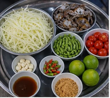 称量主料AI 拟真教学图：真实前期准备照片：必须表现“称量主料”，画面要能对应：按默认 2 人份称量 青木瓜、发酵鱼、盐蟹、蒜、鱼露，所有调味料单独放小碗。