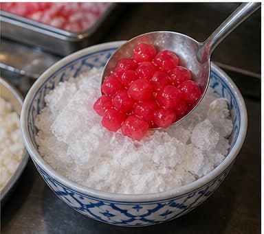 切配装饰AI 拟真教学图：真实烹饪过程照片：必须表现“切配装饰”。画面应对应动作：准备水果、芝麻、绿豆仁或其他装饰。；加入材料：无新增材料；视觉标准：装饰保持干爽。