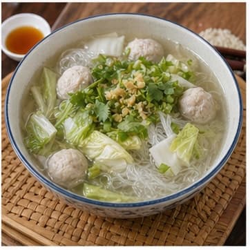装盘AI 拟真教学图：真实烹饪过程照片：必须表现“装盘”。画面应对应动作：清汤粉丝肉丸装盘，记录下一次要微调的咸酸甜比例。；加入材料：无新增材料；视觉标准：成品符合 Gaeng Jued Woon Sen 的颜色、香气和浓度。