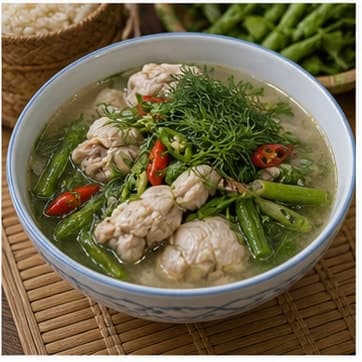 装盘AI 拟真教学图:真实烹饪过程照片:必须表现“装盘”。画面应对应动作:东北草本汤装盘,记录下一次要微调的咸酸甜比例。;加入材料:无新增材料;视觉标准:成品符合 Gaeng Om 的颜色、香气和浓度。