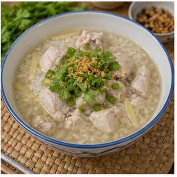 装盘AI 拟真教学图：真实烹饪过程照片：必须表现“装盘”。画面应对应动作：泰式鸡肉泡饭装盘，记录下一次要微调的咸酸甜比例。；加入材料：无新增材料；视觉标准：成品符合 Khao Tom Gai 的颜色、香气和浓度。